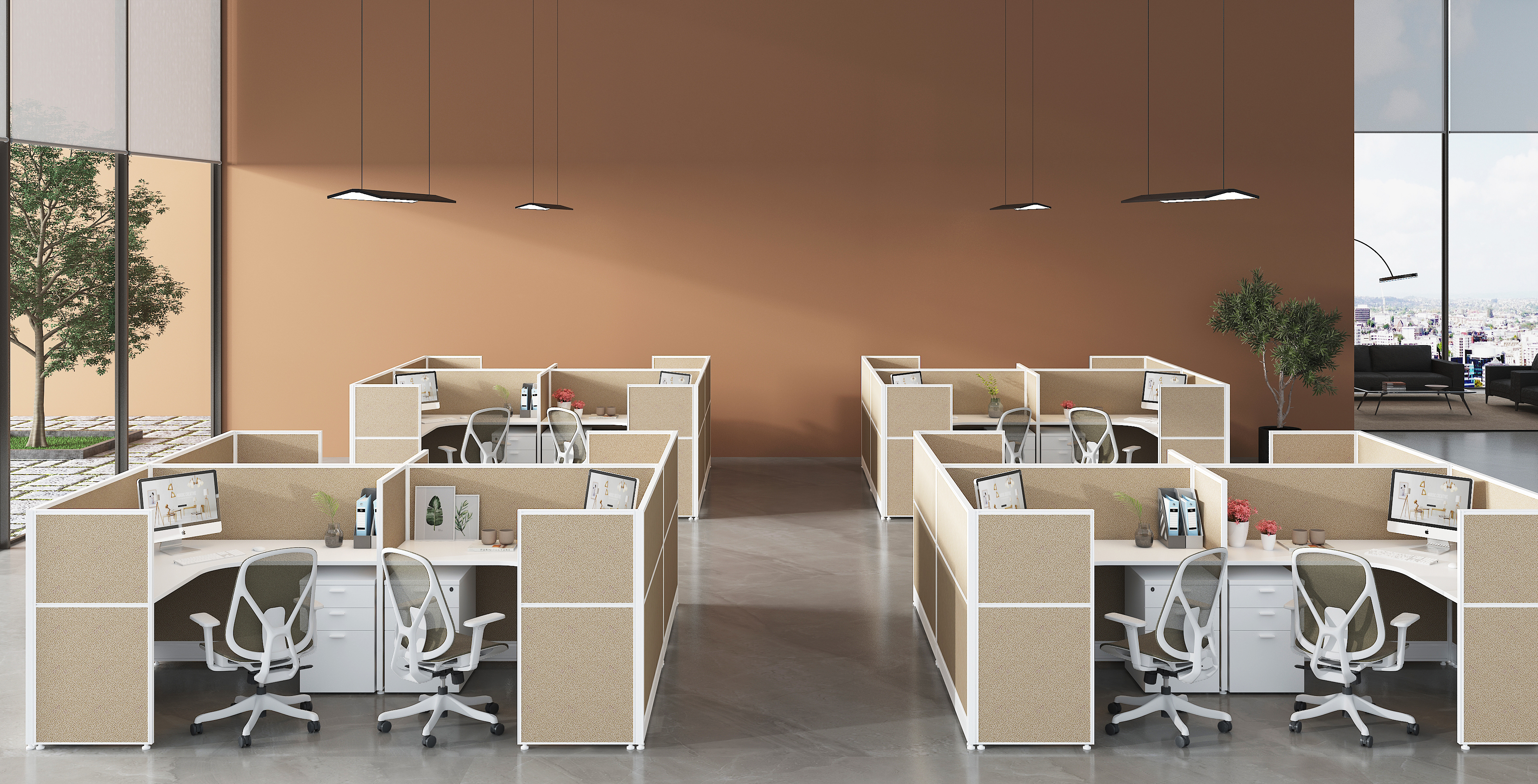 office cubicle with a wallmounted pegboard for displaying art supplies and plants